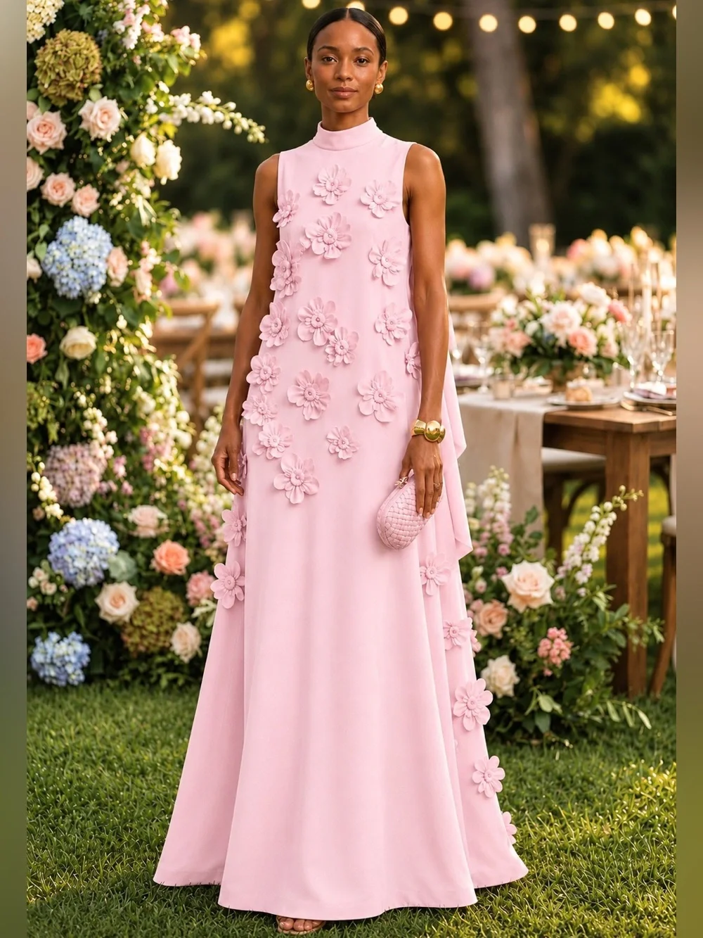 NWT Boutique Romantic Blush Pink 3D Floral Appliqué Maxi Gown 12